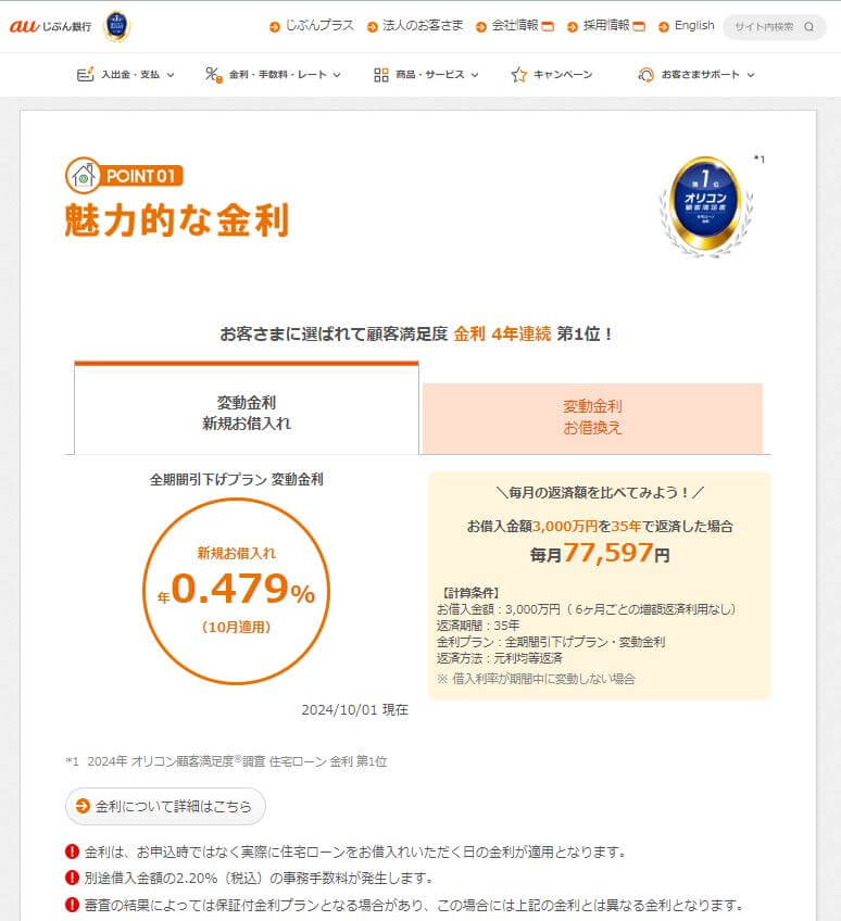 auじぶん銀行の住宅ローン（2024年9月）