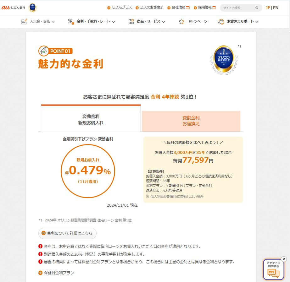 auじぶん銀行の住宅ローン（2024年11月）