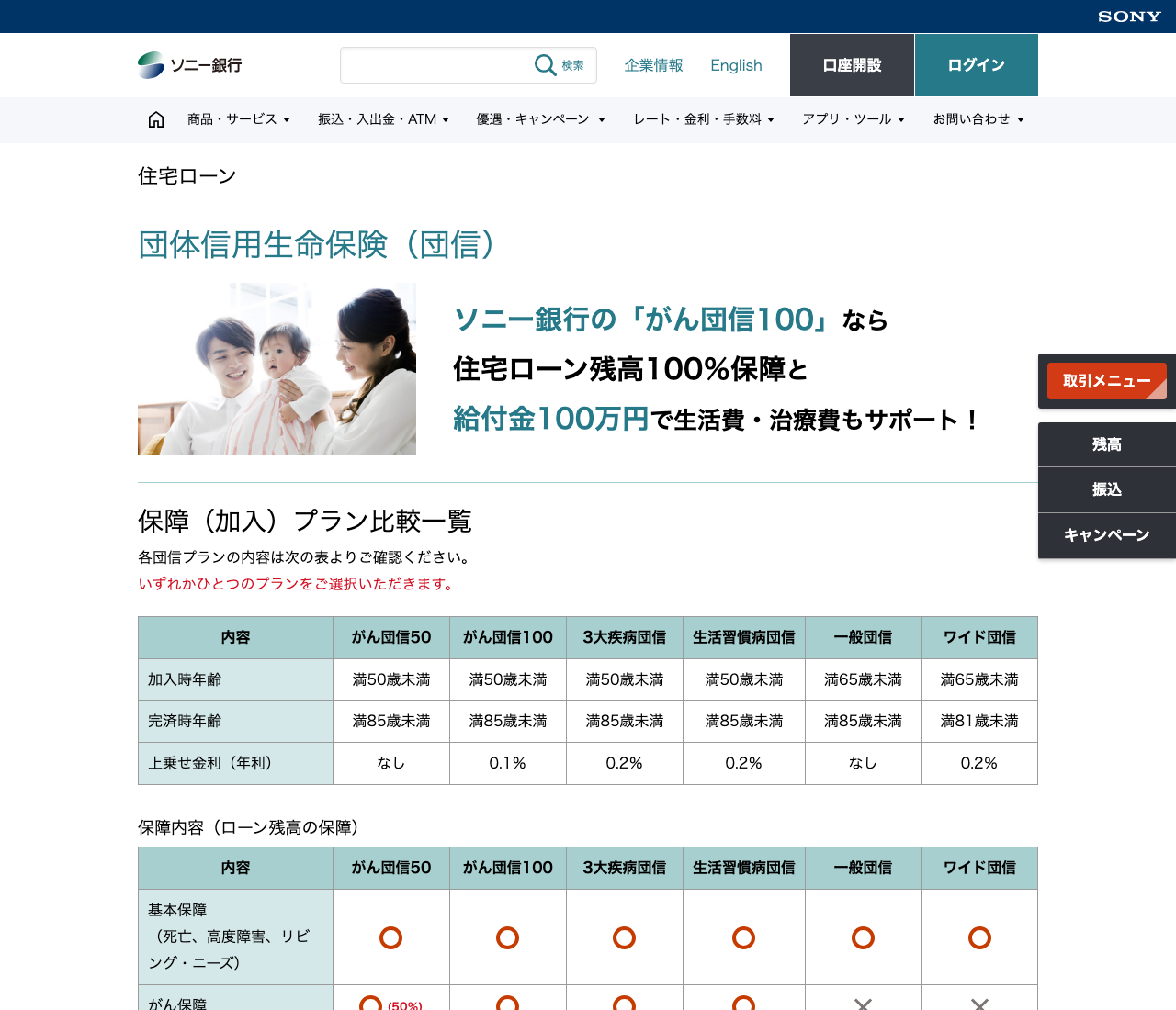 ソニー銀行の団体信用生命保険（がん団信100・がん団信50など）の公式ページ