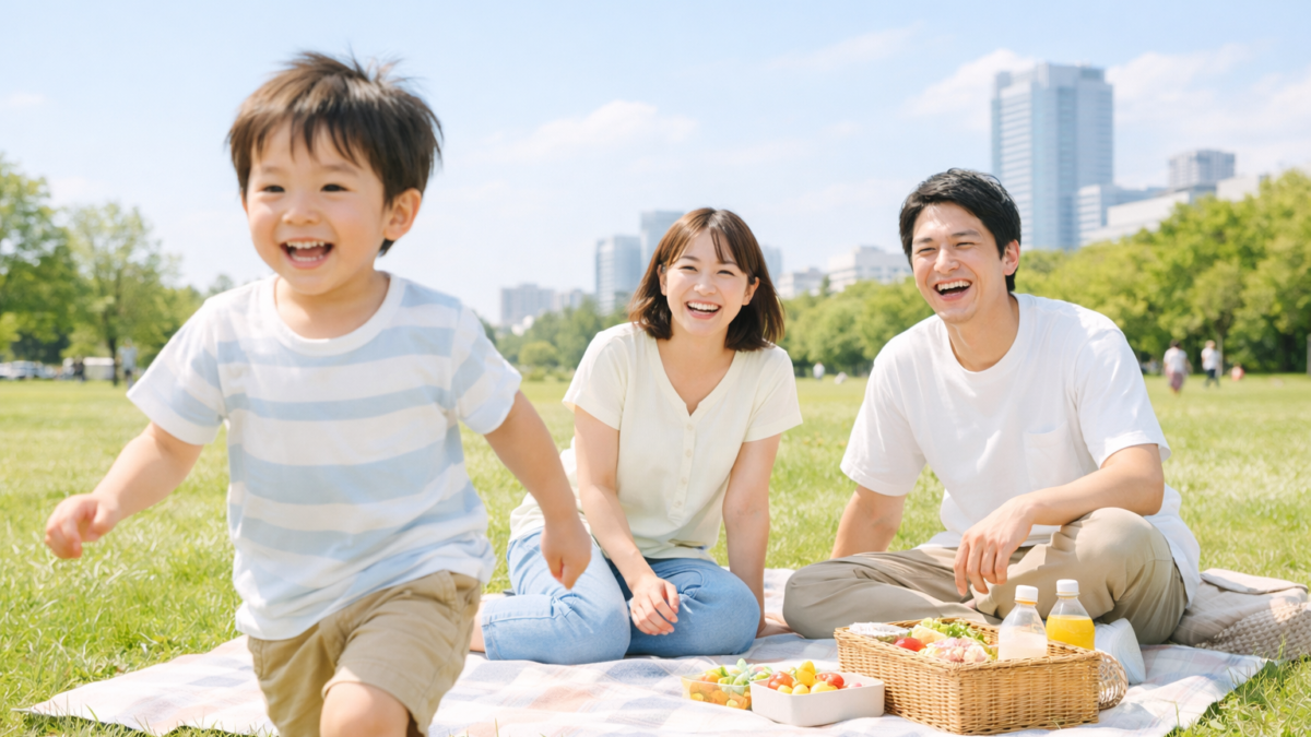 公園でくつろぐ家族
